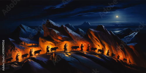 Moonlit Mountain Caravan with Shepherds and Sheep on Glowing Alpine Trail, Dramatic Night Landscape Digital Painting