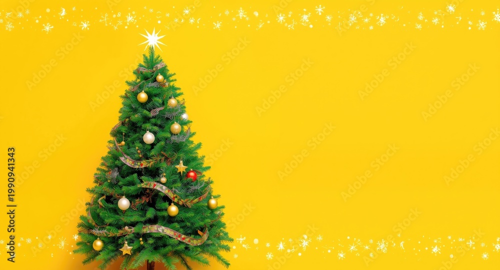 Fototapeta premium Wide banner winter holiday card featuring a decorated Christmas tree on cheerful yellow background