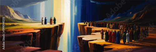 Biblical desert scene with parted waters and robed crowd on cliffs, dramatic miracle landscape in luminous digital painting