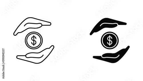 Financial protection icon showing hands cupping a dollar coin for insurance and savings concepts in linear and solid black vector design