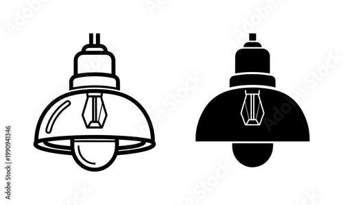 Industrial Pendant Lamp Icon Set with Vintage Bulb