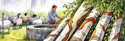 Shepherd Watering Flock at Stone Trough Beneath Birch Trees in Sunny Pasture, Rustic Countryside Farm Illustration