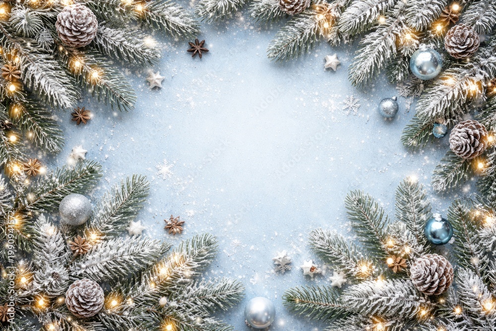 Fototapeta premium Winter celebration flat lay showing snow dusted fir branches on light blue background