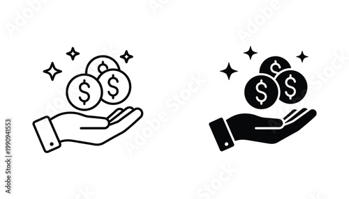 Hand holding shining coins profit icon set for financial success and investment as minimalist line art and solid black vector