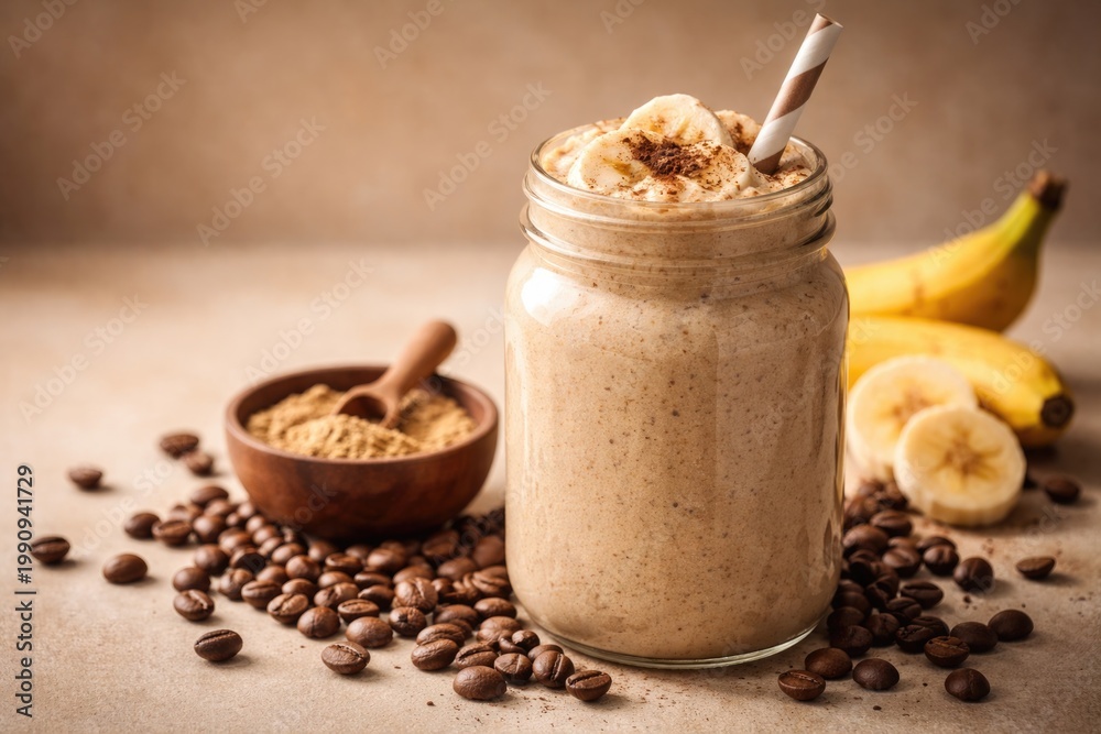 Fototapeta premium Glass jar filled with creamy espresso maca banana smoothie surrounded by coffee beans on a smooth background with copy space