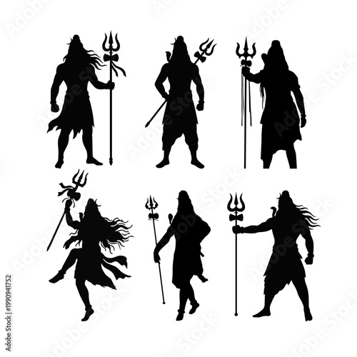 Six black silhouettes of Shiva in various poses with tridents.Ai generated 