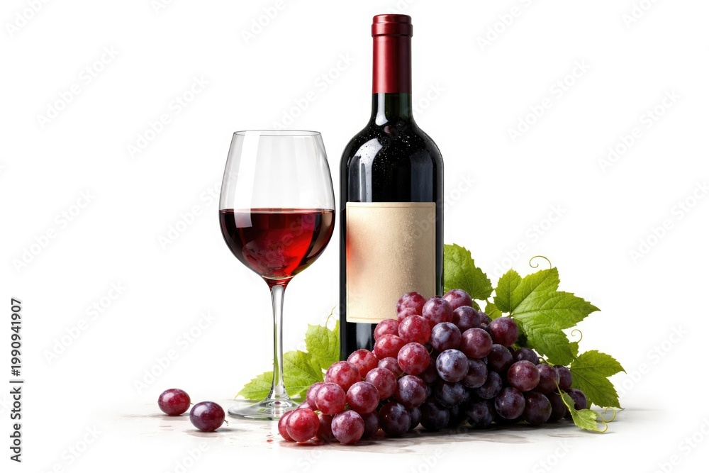 Obraz premium Artistic drawing of red wine glass bottle with ripe grapes on white backdrop
