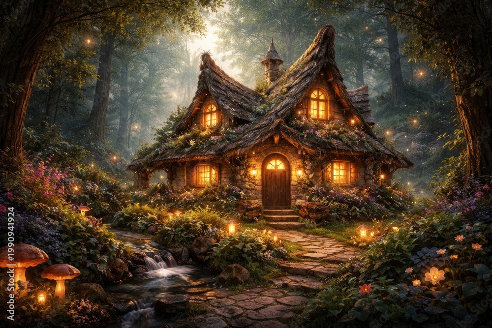 Fototapeta premium AI generated enchanting forest cottage with magical fairy tale design
