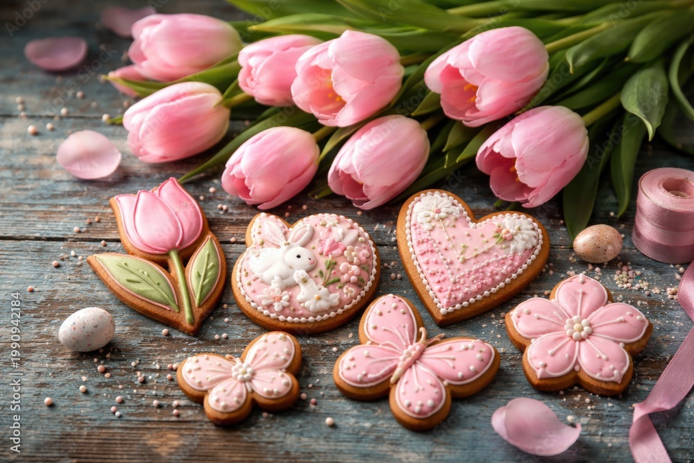 Fototapeta premium Festive pink tulips with decorated gingerbread cookies on rustic blue wood