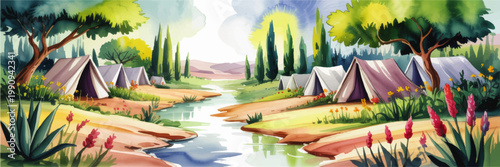 Watercolor camping landscape with tents by a serene river, sunny forest glade, cypress trees, wildflowers, and scenic nature retreat