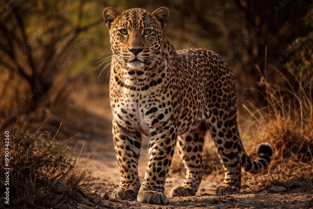 Obraz premium Majestic leopard standing tall and gazing intently at the camera in natural habitat