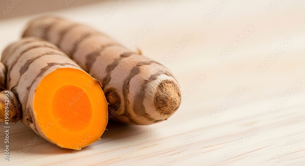 Obraz premium Fresh Turmeric Root Cut Open on Wooden Surface