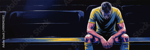 Depressed soccer player sitting alone on stadium bench in dark arena, disappointed athlete after match, dramatic sports illustration