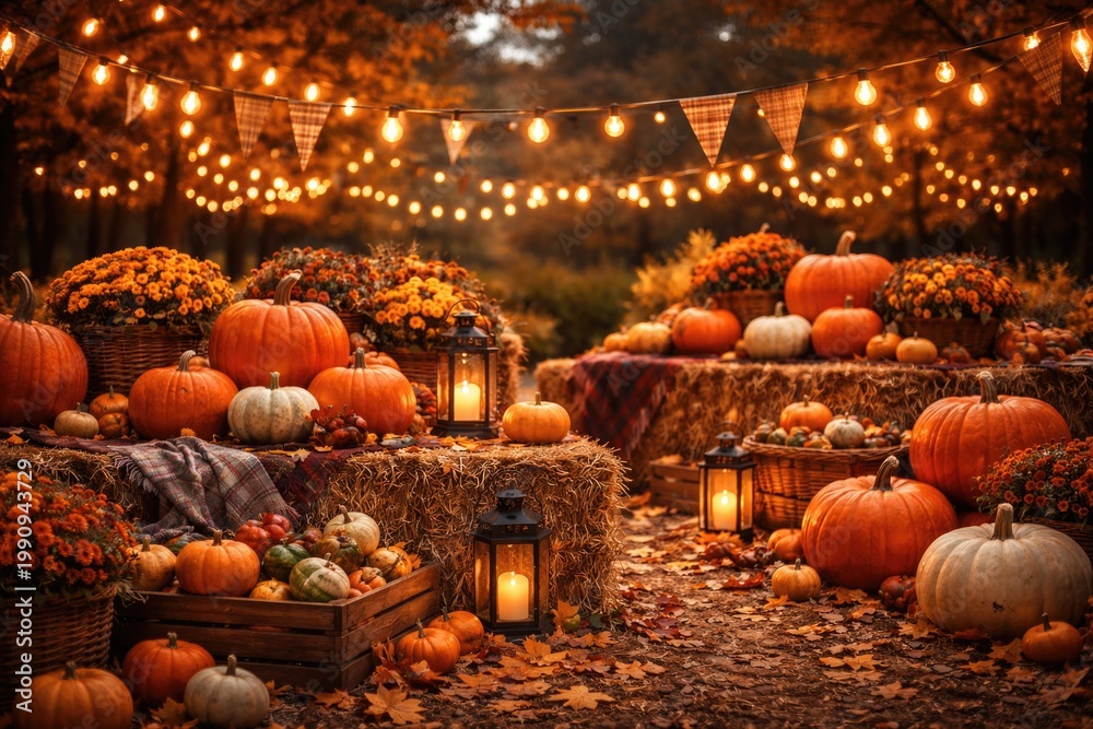 Fototapeta premium Festive autumn harvest scene with vibrant pumpkins and decorative garlands