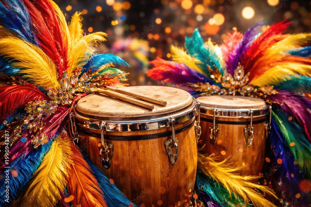 Fototapeta premium Traditional Latin drums amid radiant carnival feathers in a joyful atmosphere