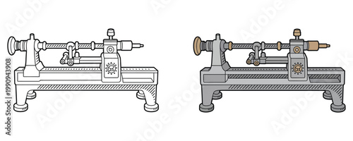 Lathe machine in black and white and colored versions for engineering and manufacturing concepts