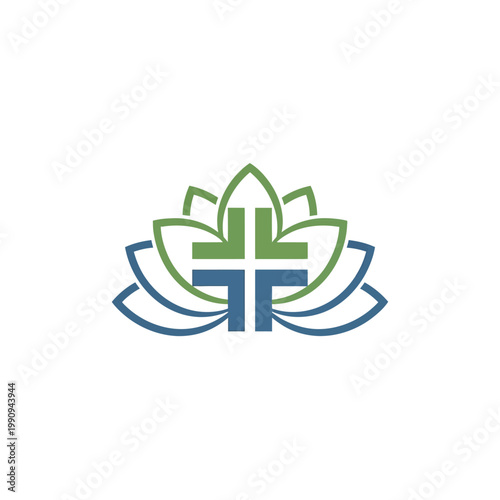 Religious symbol logo with cross and lotus flower.