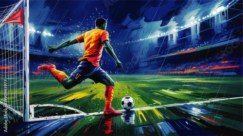 Dynamic Soccer Player Kicking Ball Near Goal in Rainy Stadium at Night, Vibrant Sports Illustration with Dramatic Lights