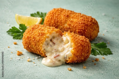 Cream croquette sliced open on a mint green textured background with copy space for culinary ads
