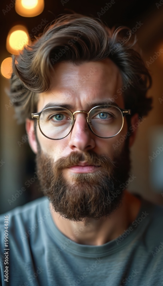 Fototapeta premium Bearded man with glasses looks directly forward. He has blue eyes, styled brown hair and wears a grey t-shirt. His facial hair is well-groomed and neat.