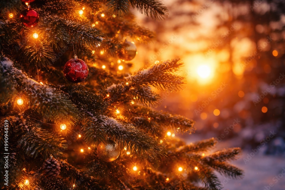Fototapeta premium Sunset glow illuminating Christmas tree branches with festive lights