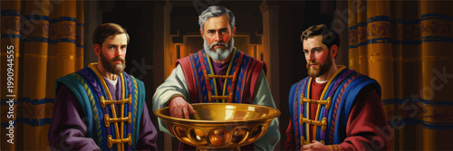 Biblical priests in ancient temple with golden basin ritual scene, sacred ceremony painting, religious heritage illustration