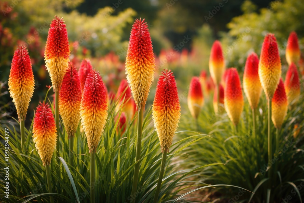 Obraz premium Full length view of red hot poker flower plants flourishing with vivid petals