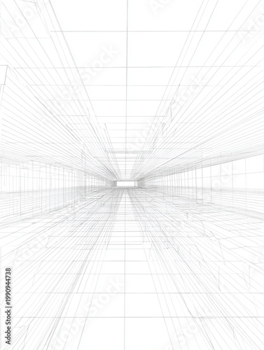 Wireframe 3D Architectural Rendering Of Futuristic Corridor For Technology And Design Concepts