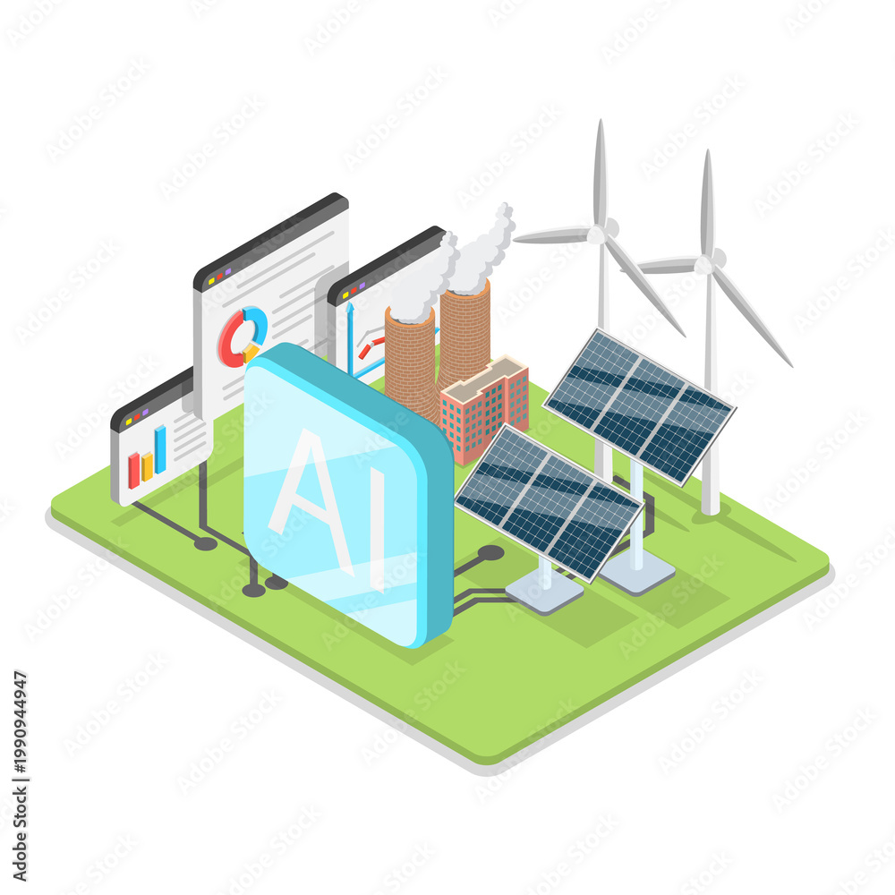 Naklejka premium 3D Isometric Flat Illustration of Artificial Intelligence In Energy Production. Item 1