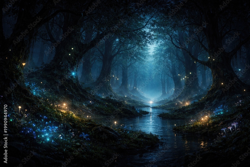 Fototapeta premium Dark enchanted forest panorama with glowing mystical lights at midnight