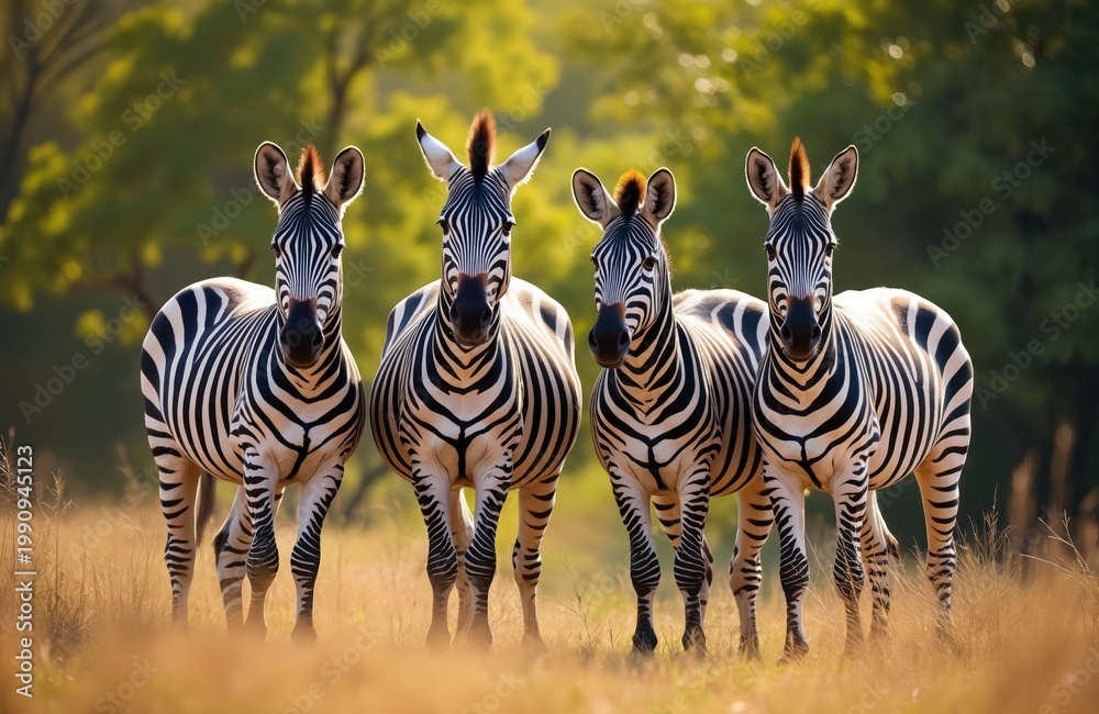 Fototapeta premium Four zebras stand together in tall dry grass on a sunny day. Their black and white stripes are distinct against the green trees background. The animals look alert in their natural wild habitat.
