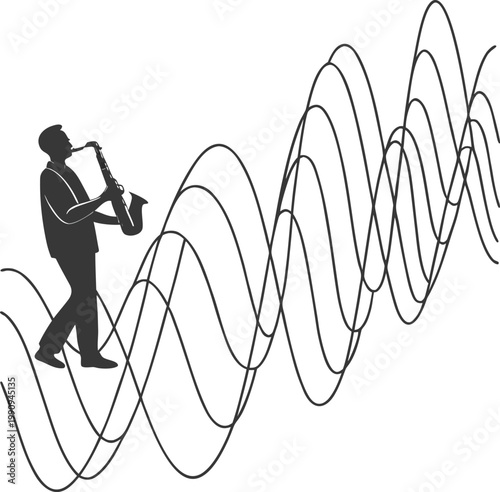 Music, sound wave, saxophone player, black silhouette, vector illustration