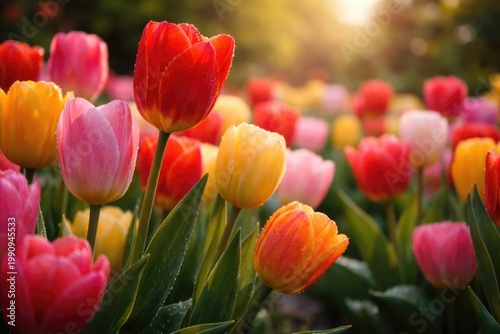 Close up of vibrant tulip blooms in spring garden