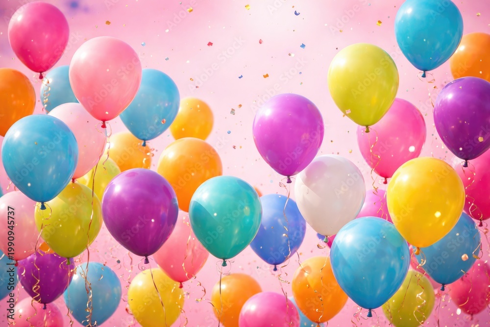 Fototapeta premium Cheerful party balloons soaring above with ample copy space against a pink background