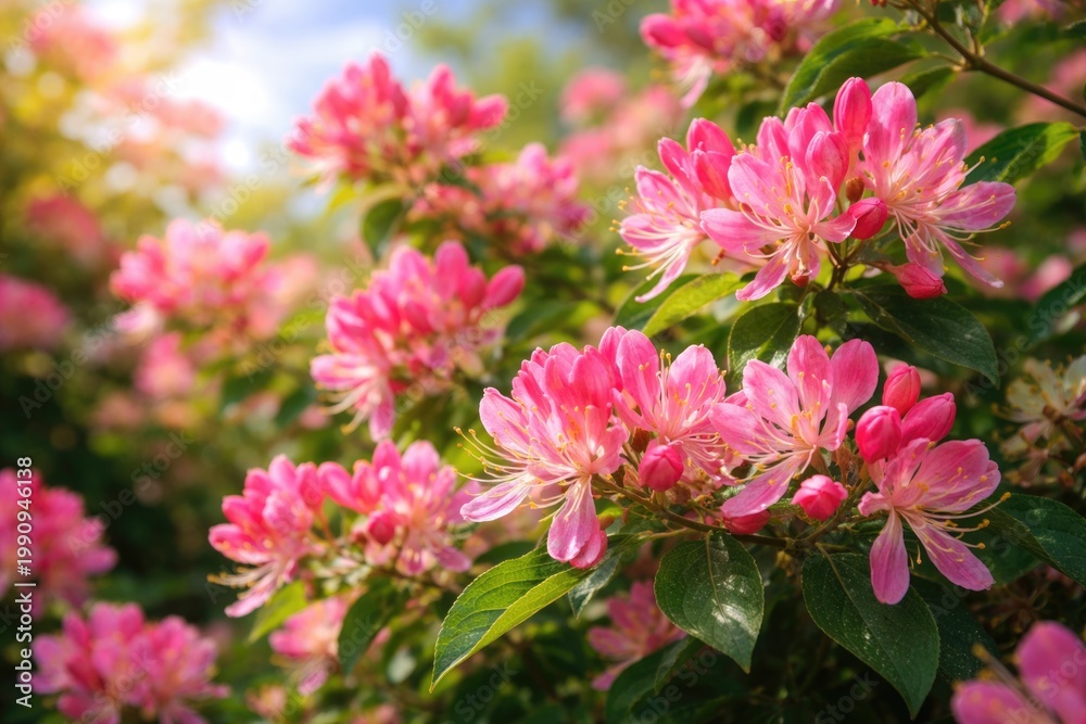 Fototapeta premium Vibrant pink honeysuckle blossoms on a sunny day