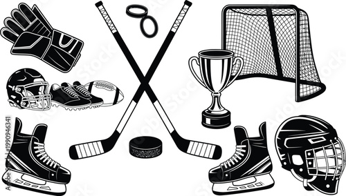 Ice Hockey Championship Equipment Trophy and Skates Icon Set for Sports Competition Victory Award Design