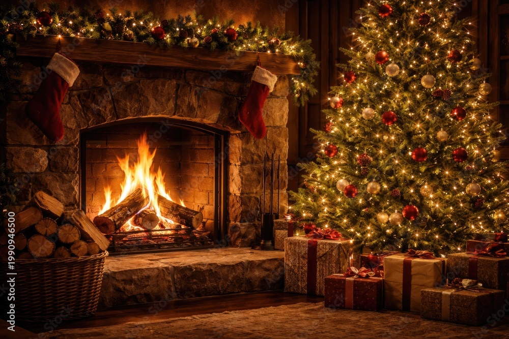Fototapeta premium Cozy fireplace scene with kiln dried logs and a warmly lit decorated Christmas tree