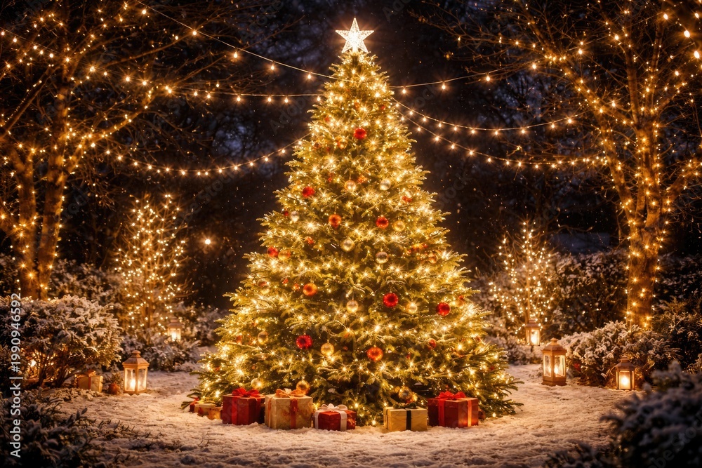 Fototapeta premium Joyful Christmas tree illuminated by sparkling fairy lights in garden