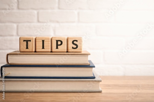 TIPS spelled on wooden cubes placed on books against a white brick wall featuring blank copy space