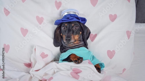 Dachshund dog in blue outfit with cold ice pack on head lying in heart-patterned bed looking at camera, sick puppy portrait, funny illness pet concept
