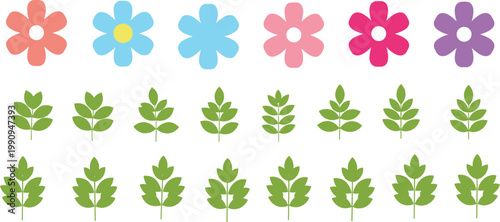 Assorted colorful simple flowers and green leaves arrangement on white background