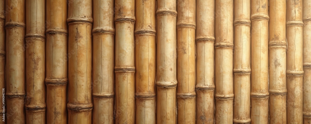Naklejka premium Close up of weathered bamboo poles arranged vertically creating a textured wall or screen. Natural material displays warm earthy tones and visible grain patterns suitable for organic design projects.
