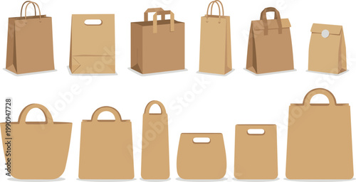 Collection of various brown paper shopping bags and gift bags with handles