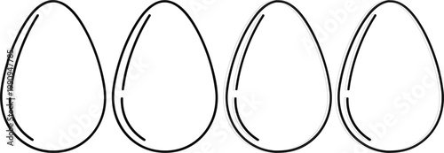 Four smooth white oval eggs lined up in a row with subtle highlights on a clean white background