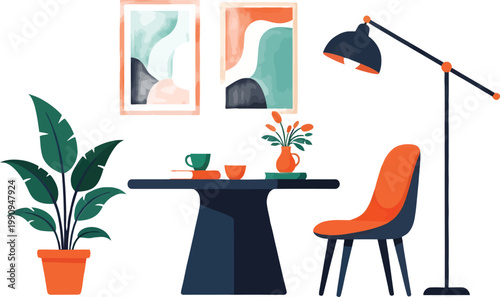 Modern interior design vector illustration, cozy home office workspace with desk and chair, minimalist living room furniture set with potted plant