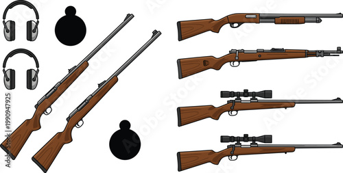 Hunting rifles and ear protection arranged for shooting sports and outdoor recreation