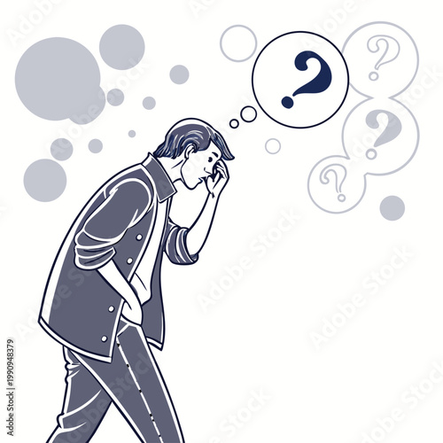 Confused man, puzzled person, question marks, thought bubbles, uncertainty concept, problem thinking