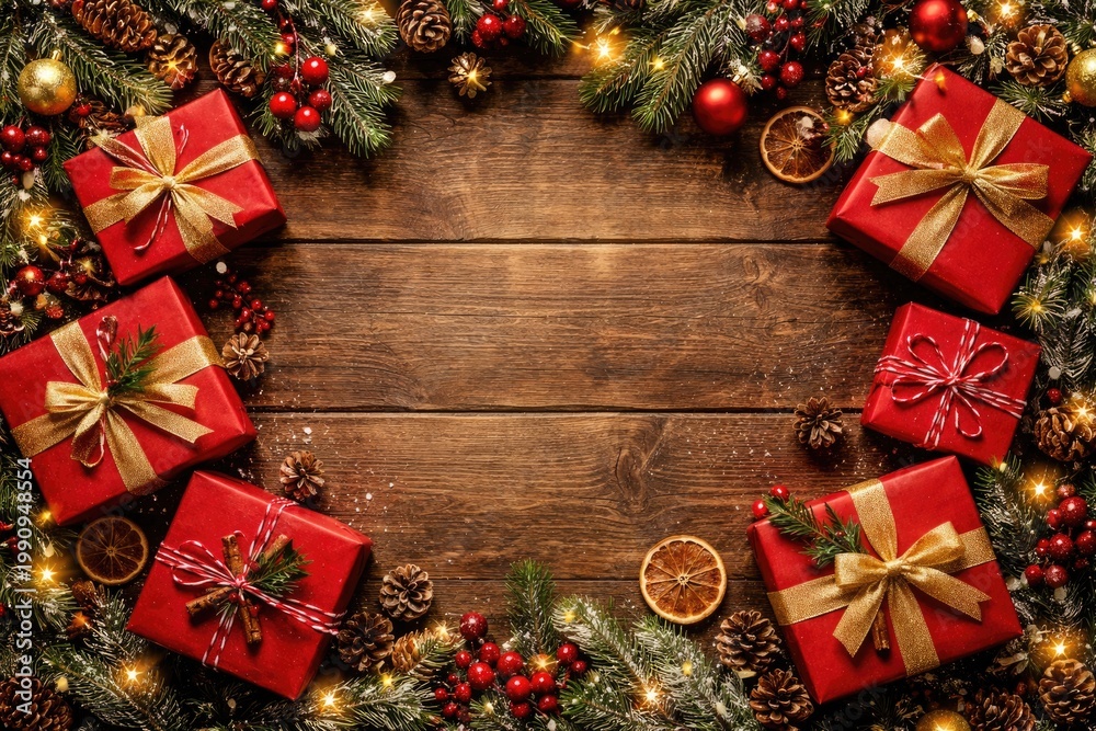 Obraz premium Festive red presents on rustic wooden backdrop Christmas frame with copy space