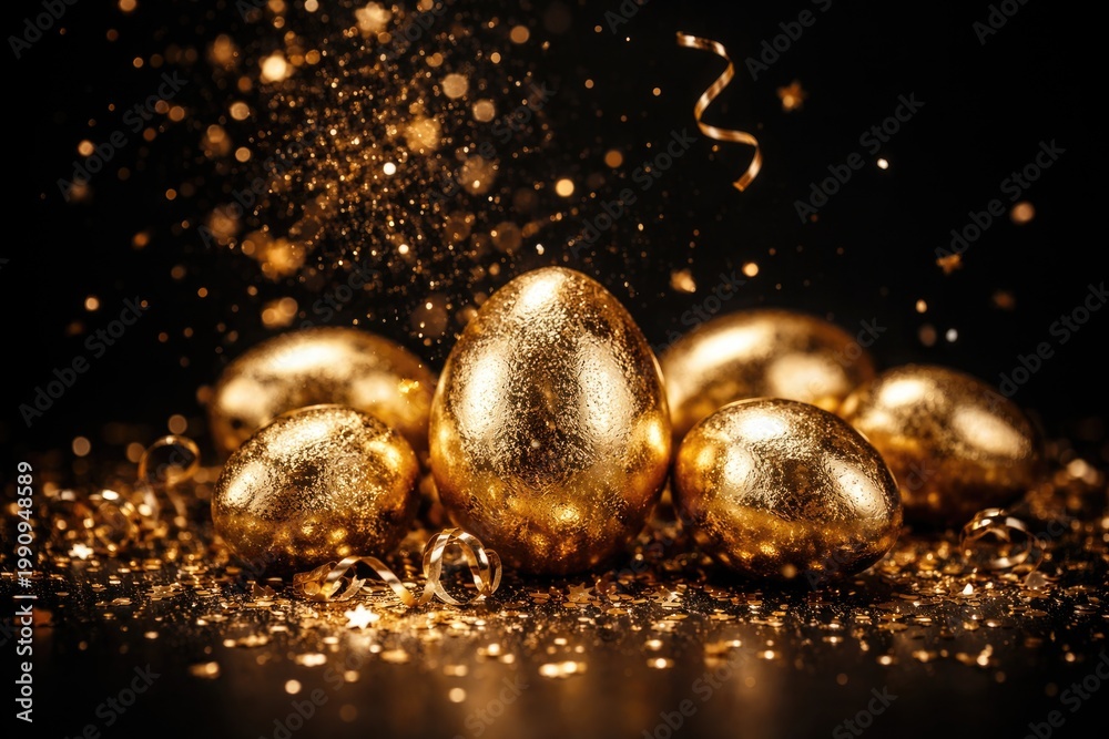 Obraz premium Luxurious gold coated Easter eggs with sparkling confetti on a sleek black background