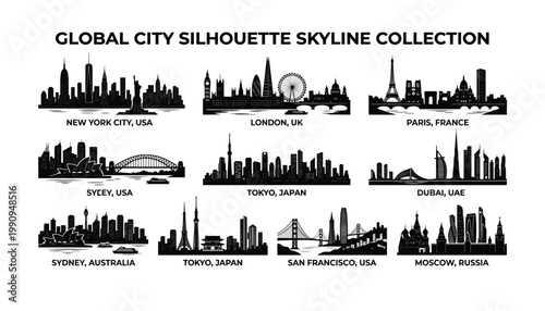 Global city silhouette skyline collection isolated on transparent background vector.